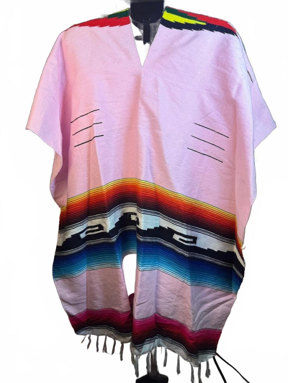 Traditional Mexican Serape Poncho with Colorful Stripe Pattern pink